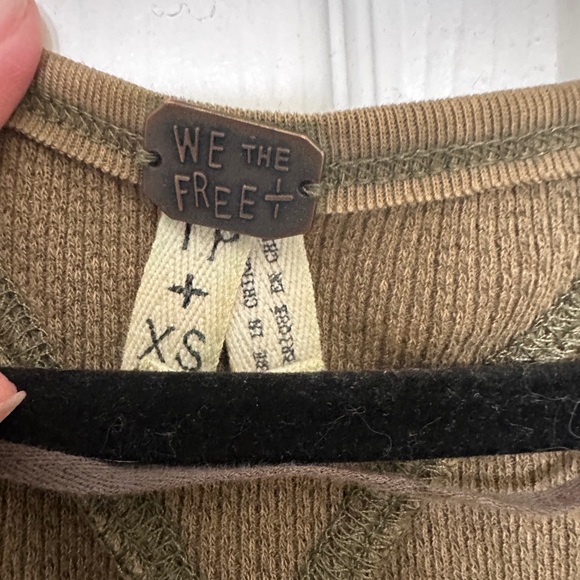 We The Free Olive Long Sleeve Waffle Thermal Top with Patterned Cuffs - Picture 2 of 5